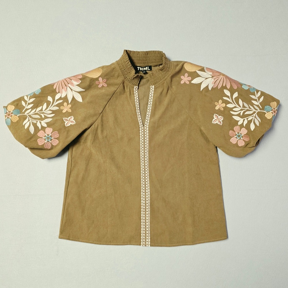 THML Blouse Womens XS Brown Floral Embroidered Puff Sleeve Boho